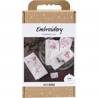 DIY Kit Broderi, Juleservietter, juler&oslash;d, 1 pk.