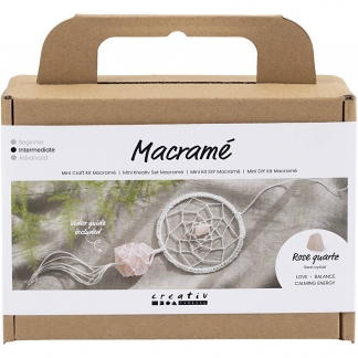 Mini DIY Kit Macramé, Drømmefanger med rosenkvarts krystal, lys rosa, hvid, 1pk./ 1 pk.